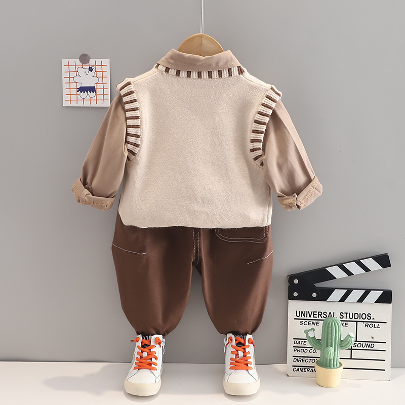 3pcs Baby Boy Bear Vest Long Sleeve Shirt Set