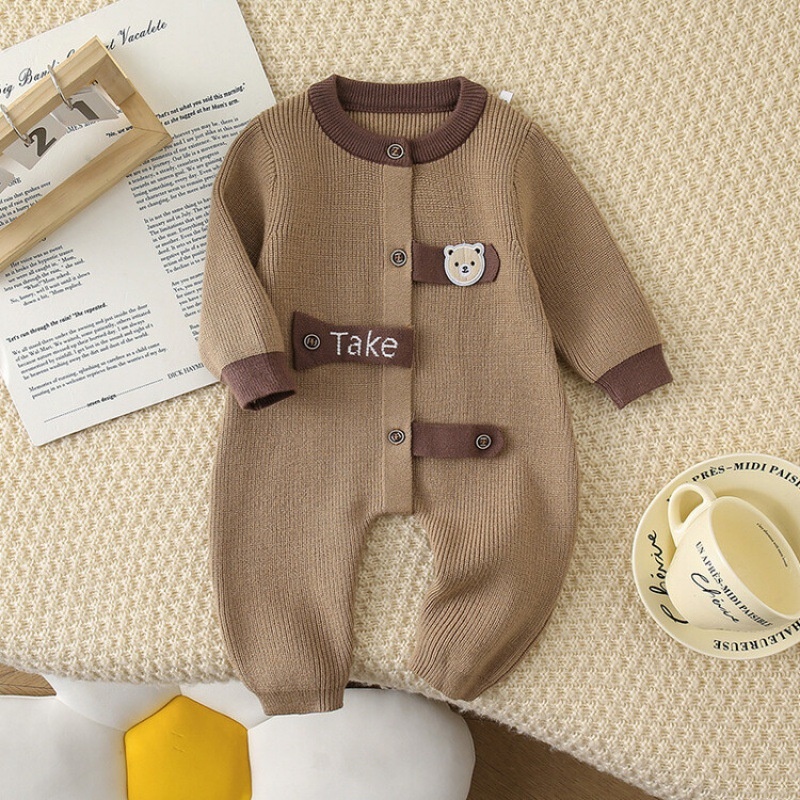 Baby Girl/Boy Cute Cartoon Striped Knitted Bear Long Sleeve Romper