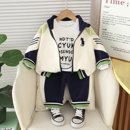 3pcs Baby Boy Zip Up Jacket Letter Printed T Shirt Casual Trousers Set