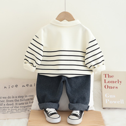 2pcs Baby Boy Striped Polo Shirt Long Sleeve Jeans Set