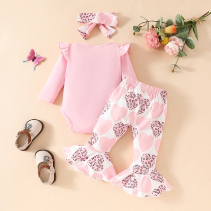 2pcs Baby Girl Love Letter Print Long Sleeve Set With Hairband