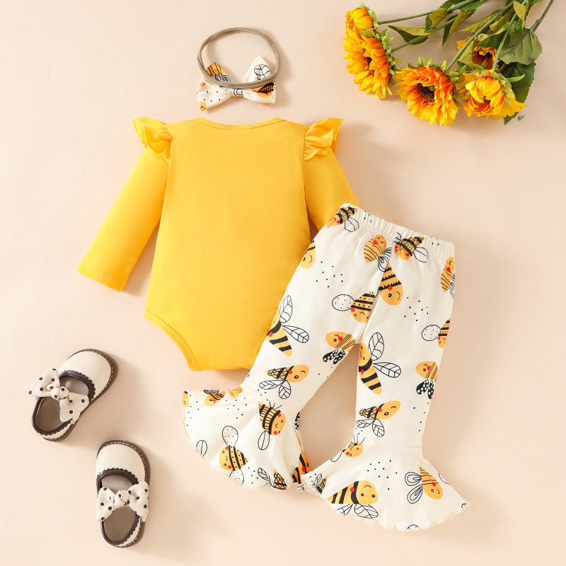 2pcs Baby Girl Cute Little Bee Print Long Sleeve Set With Hairband