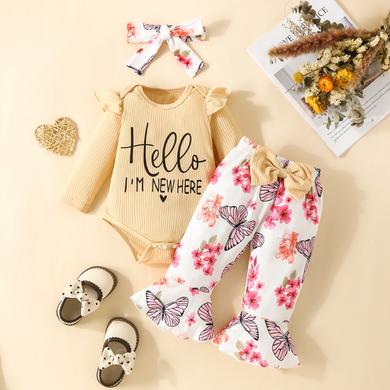 2pcs Baby Girl Cute Alphabetical Flowers Long Sleeve Set With Hairband