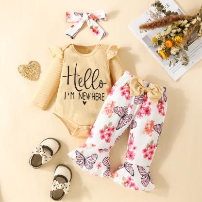 2pcs Baby Girl Cute Alphabetical Flowers Long Sleeve Set With Hairband