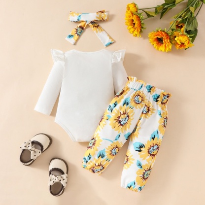 2pcs Baby Girl Alphabet Sunflowers Long Sleeve Set With Hairband