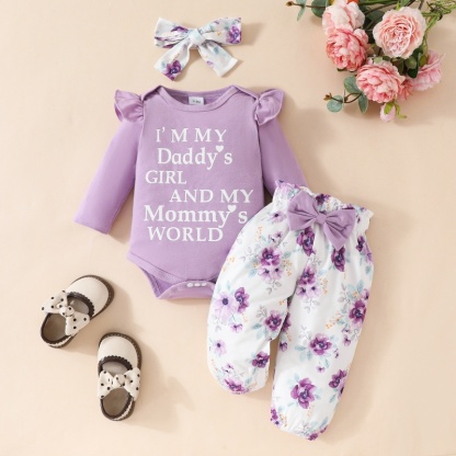 2pcs Baby Girl Cute Alphabetical Flowers Bow Long Sleeve Set With Hairband