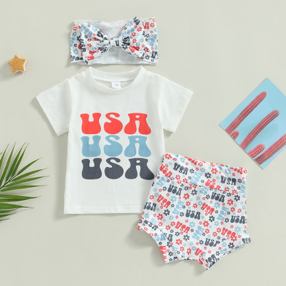  Baby Boy/Girl American Flag Print T-shirt + High-waisted Pant +Hairband Three-piece Set