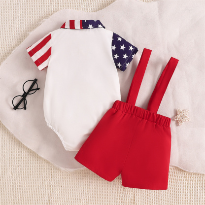 Baby Boys Independence Day USA Print Bodysuit + Suspenders 2pcs Set
