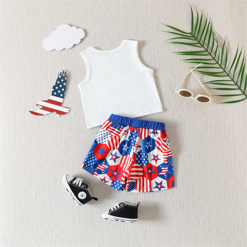 2pcs Baby Boy/Girl Independence Day cap and Letter Print Sleeveless with Pant Set