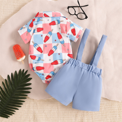 Baby Boys Independence Day Element Print Bodysuit + Suspenders 2pcs Set