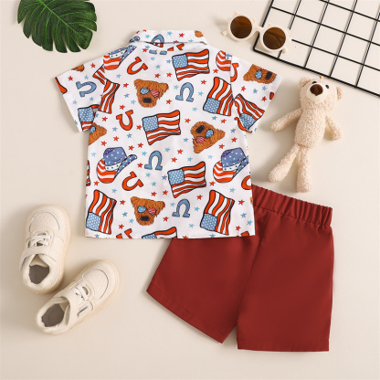 2pcs Baby Boy Independence Day Flag Print Bow Tie Shirt with Pant Set