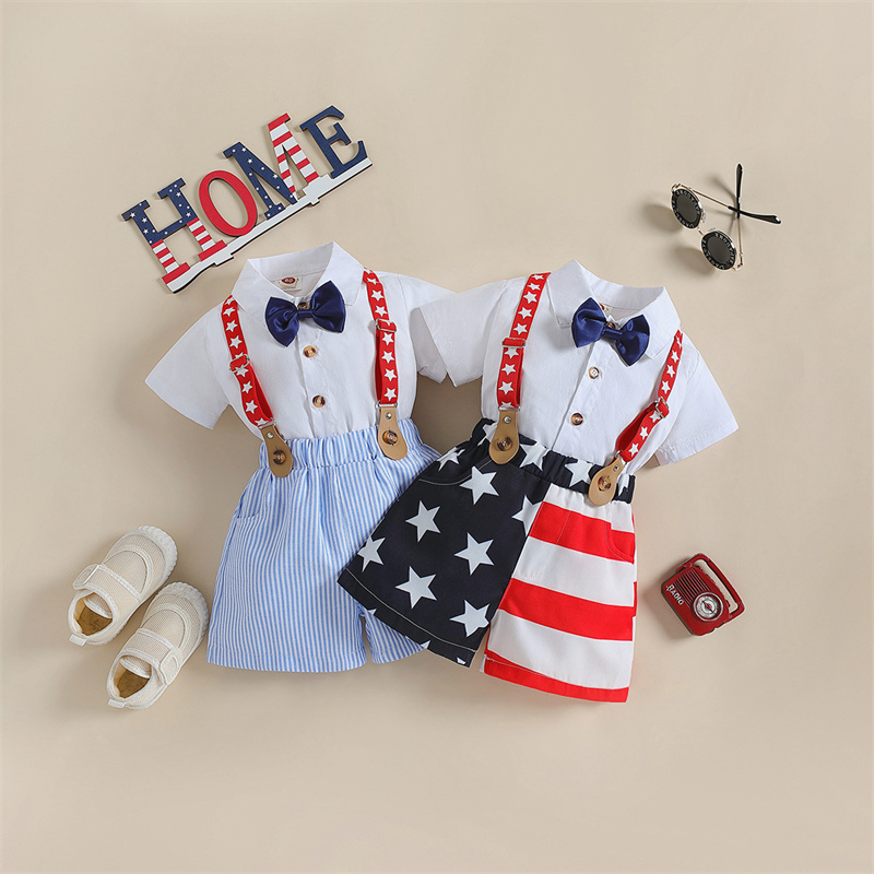 Baby Boys Independence Day Stars and streaks Gentlemen T-shirt+Suspenders 2pcs Set