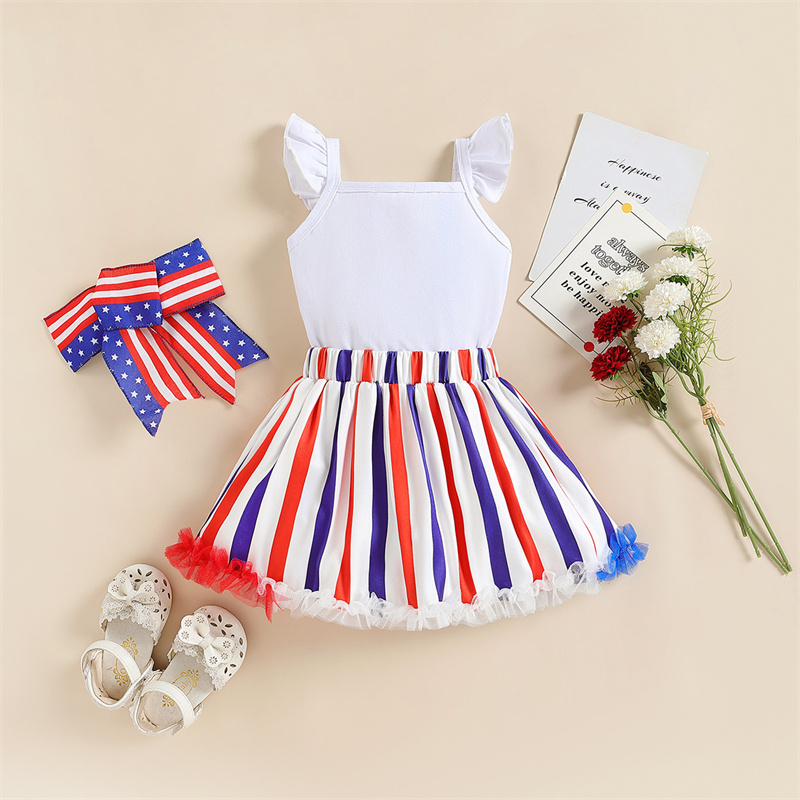 Baby Girl Independence Day Rainbow Stripes Sleeveless Bodysuit+Skirt+ Hairband 3pcs set