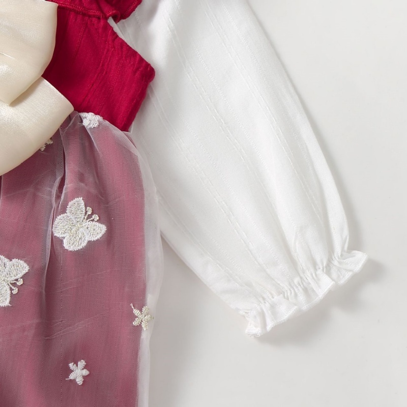 2pcs Baby Girl Long Sleeve Burgundy Bow Wings Dress with Hat