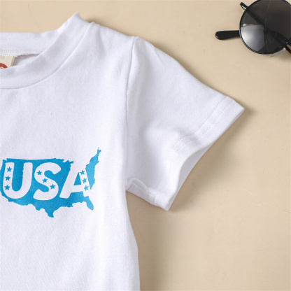 2pcs Baby Boy/Girl Independence Day Reversible Blue Letter Print T-shirt with Pant Set