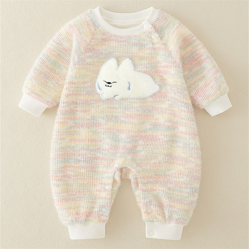 Baby Girl Cute Fluffy Rabbit Padded Fleece Double Layer Long Sleeve Ro