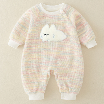 Baby Girl Cute Fluffy Rabbit Padded Fleece Double Layer Long Sleeve Romper