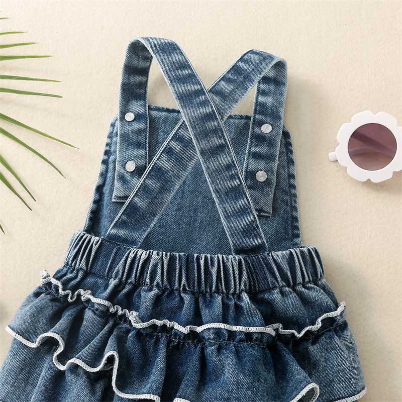 Baby Gir Cute Flower Bunny Denim Bodysuit with Bow Tie