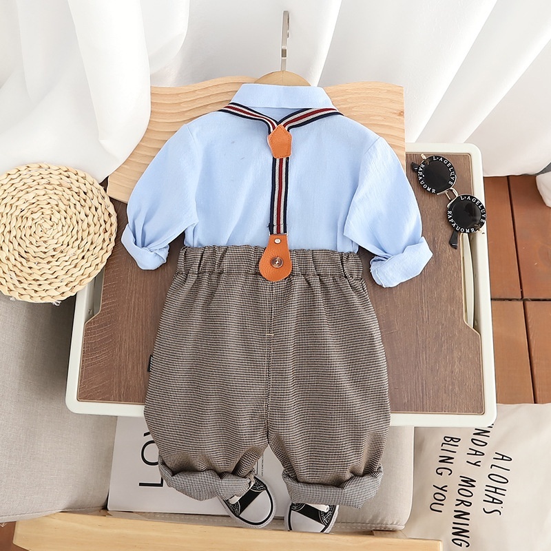 2pcs Baby Boy Little Bow Tie Chambray Strappy Pants Set