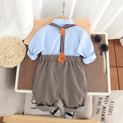 2pcs Baby Boy Little Bow Tie Chambray Strappy Pants  Set