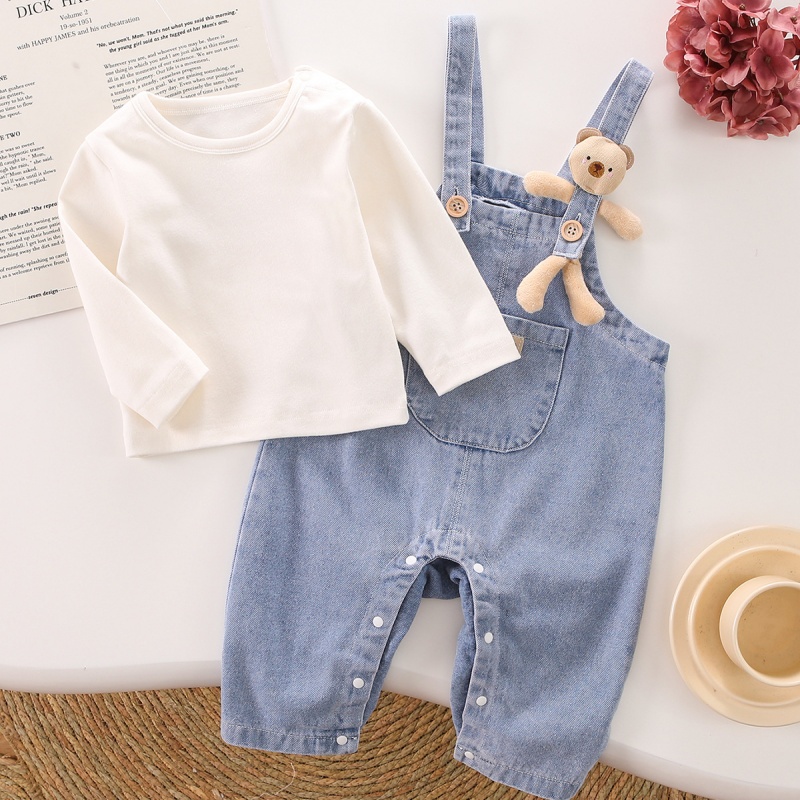2pcs Baby Boy/Girl Cute Bear Bunny Denim Long Sleeve Romper Set