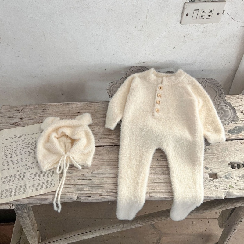 Baby Girl Mink Velvet Cute Bear Foot Wrap with Hat Romper