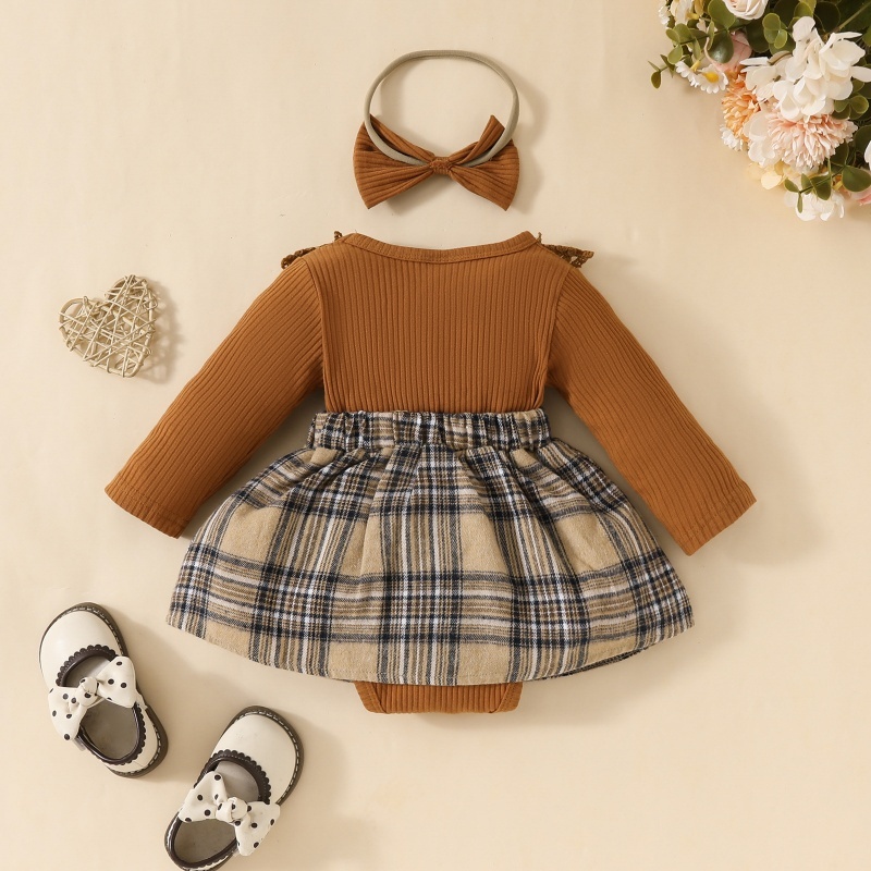2pcs Baby Girl Long Sleeve Lace Lace Plaid Triangle Bodysuit Autumn and Winter Girls Pit Stripes Bow Tie With Hairband Bodysuit Set