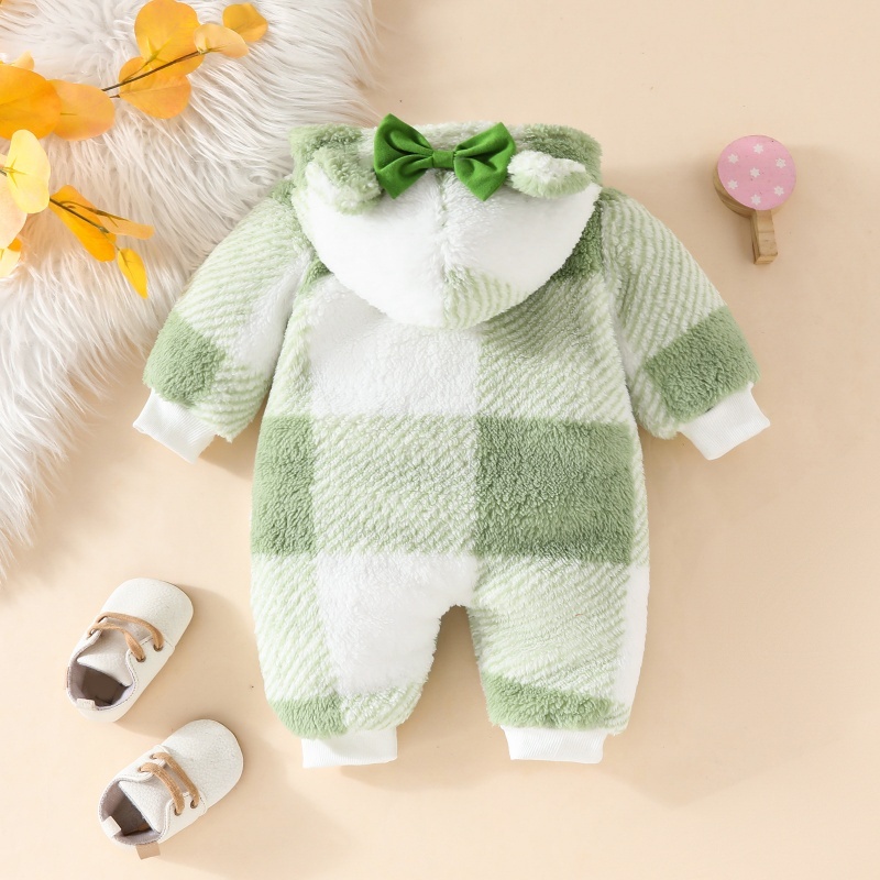 Baby Girl Cute Plaid Thickened Hooded Romper