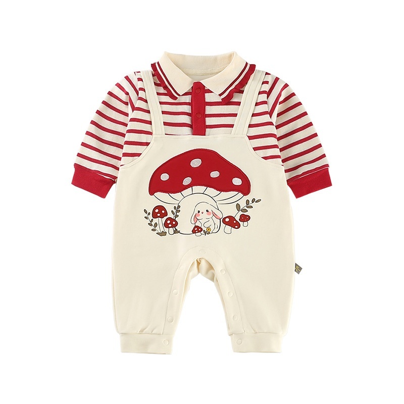 Baby Girl Mushroom Bunny Lapel Stripe False Two Piece Romper