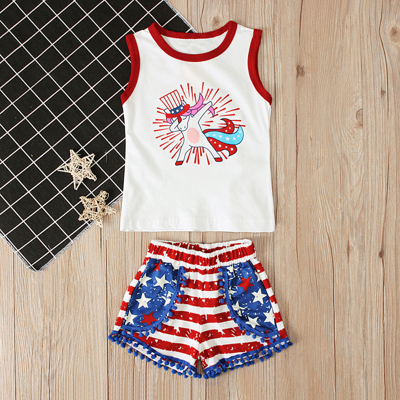 2pcs Baby Girl American Independence Day Unicorn Stripe Sleeveless T-shirt with Pant Set