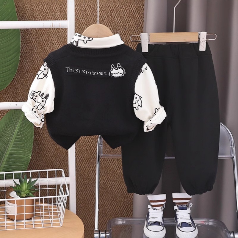 3pcs Baby Girl/Boy Cute Cartoon Thickened Sweater Vest Set