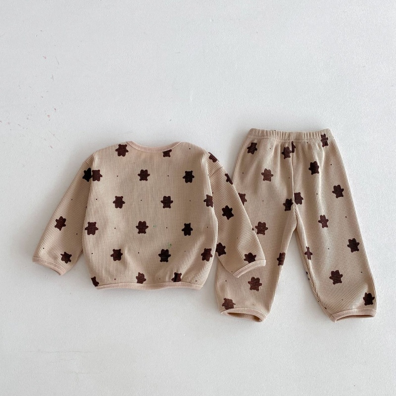 2pcs Baby Girl/Boy Cartoon Bear Waffle Long Sleeve Set