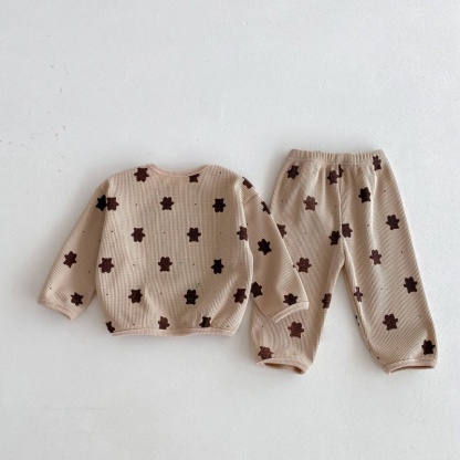 2pcs Baby Girl/Boy Cartoon Bear Waffle Long Sleeve Set