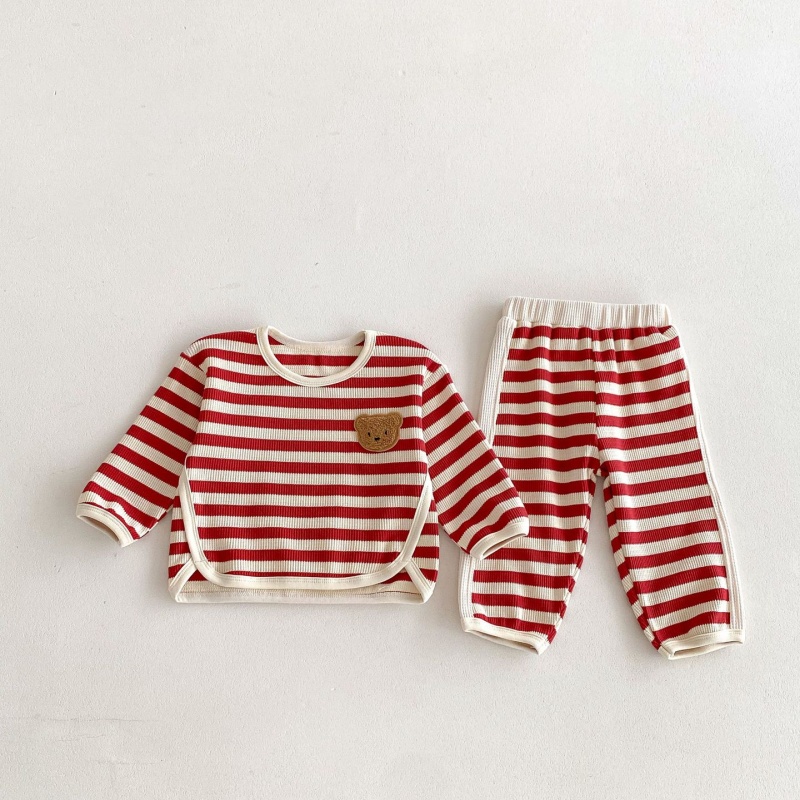 2pcs Baby Girl/Boy Waffle Bear Stripe Long Sleeve Set