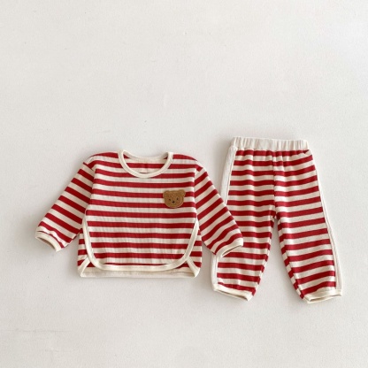 2pcs Baby Girl/Boy Waffle Bear Stripe Long Sleeve Set