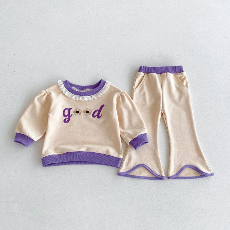 2pcs Baby Girl Lace Crew Neck Top Flared Pants Long Sleeve Set