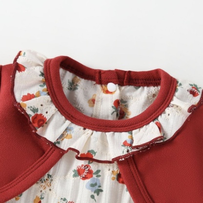 Baby Girl Long Sleeve Fake Two Piece Floral Butterfly Dress with Hat