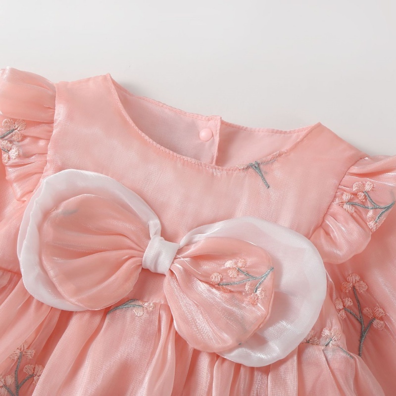 Baby Girl Long Sleeve Lily Section Embroidery Bow Mesh Dress with Hat