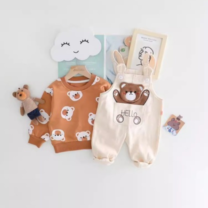 2pcs Baby Girl/Boy Full Print Bear Bib Pants Long Sleeve Set