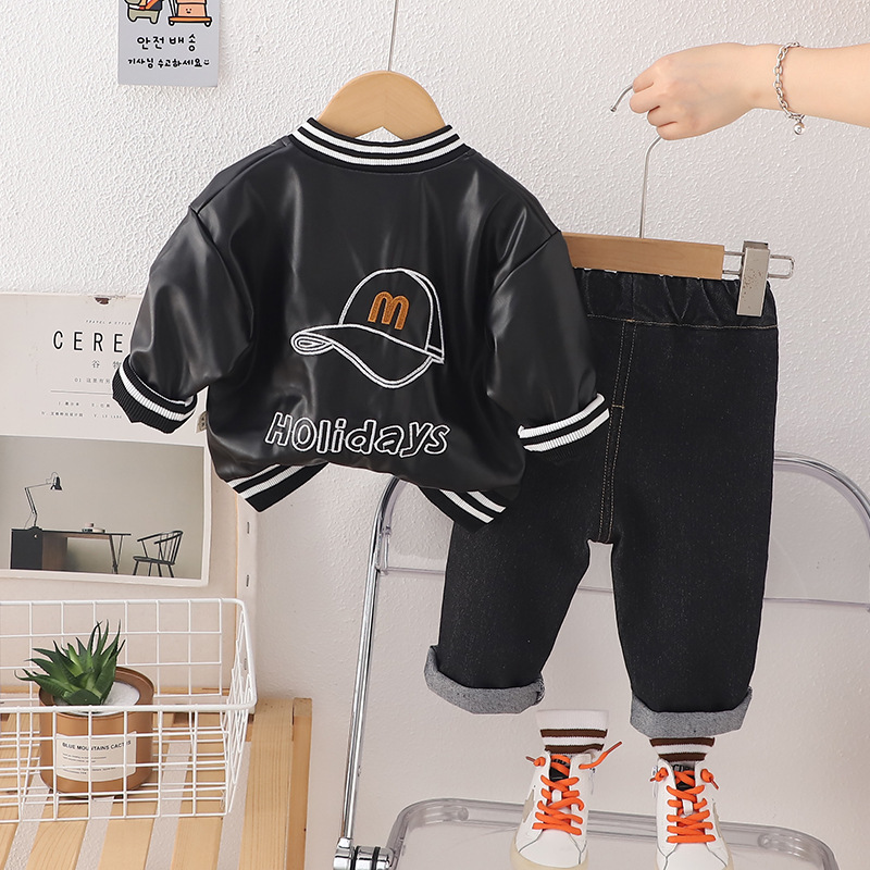 2pcs Baby Boy Leather Baseball Jersey Long Sleeve Set