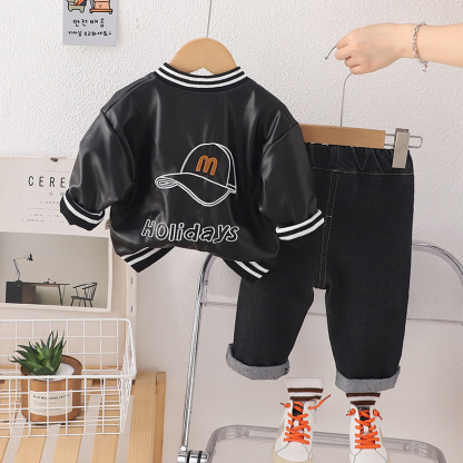 2pcs Baby Boy Leather Baseball Jersey Long Sleeve Set