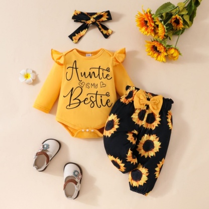 2pcs Baby Girl Cute Alphabetical Flowers Bow Long Sleeve Set With Hairband