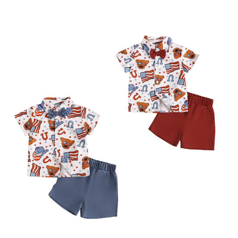 2pcs Baby Boy Independence Day Flag Print Bow Tie Shirt with Pant Set