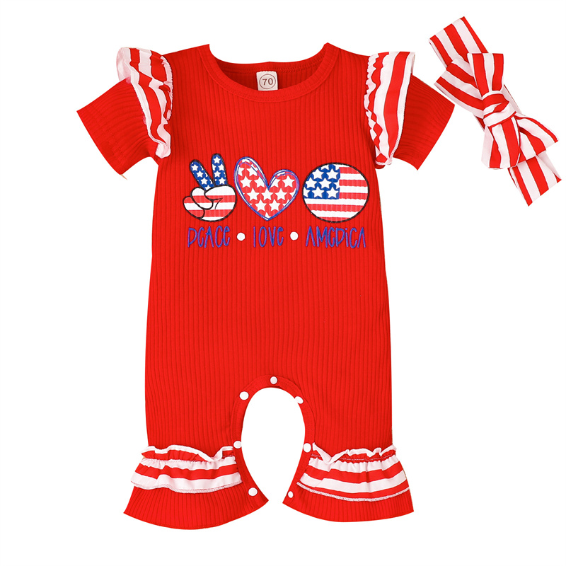 Baby Girl Independence Day Letter USA Print Lace Short Sleeve Romper with Hairband 