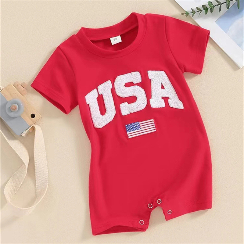 Baby Boys Embroidered Independence Day Alphabet USA Short Sleeve Rromper