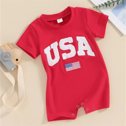 Baby Boys Embroidered Independence Day Alphabet USA Short Sleeve Rromper