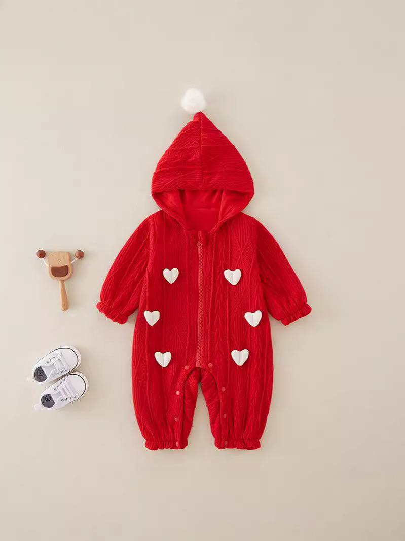 Baby Girl Red Heart Pattern Zip With Hat Romper