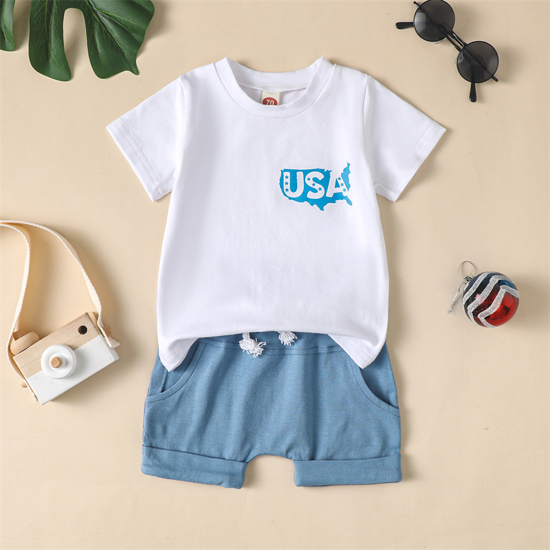 2pcs Baby Boy/Girl Independence Day Reversible Blue Letter Print T-shirt with Pant Set