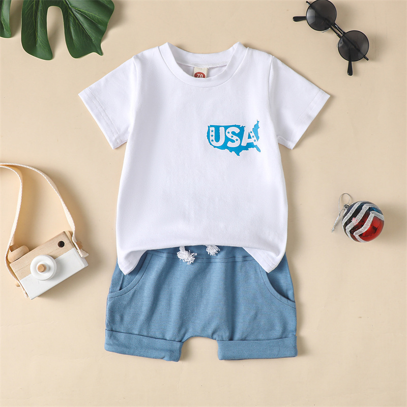 2pcs Baby Boy/Girl Independence Day Reversible Blue Letter Print T-shirt with Pant Set