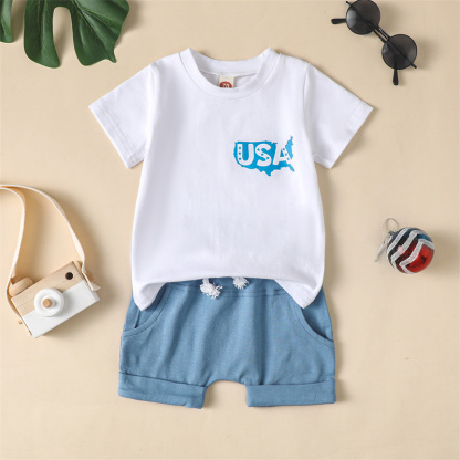 2pcs Baby Boy/Girl Independence Day Reversible Blue Letter Print T-shirt with Pant Set